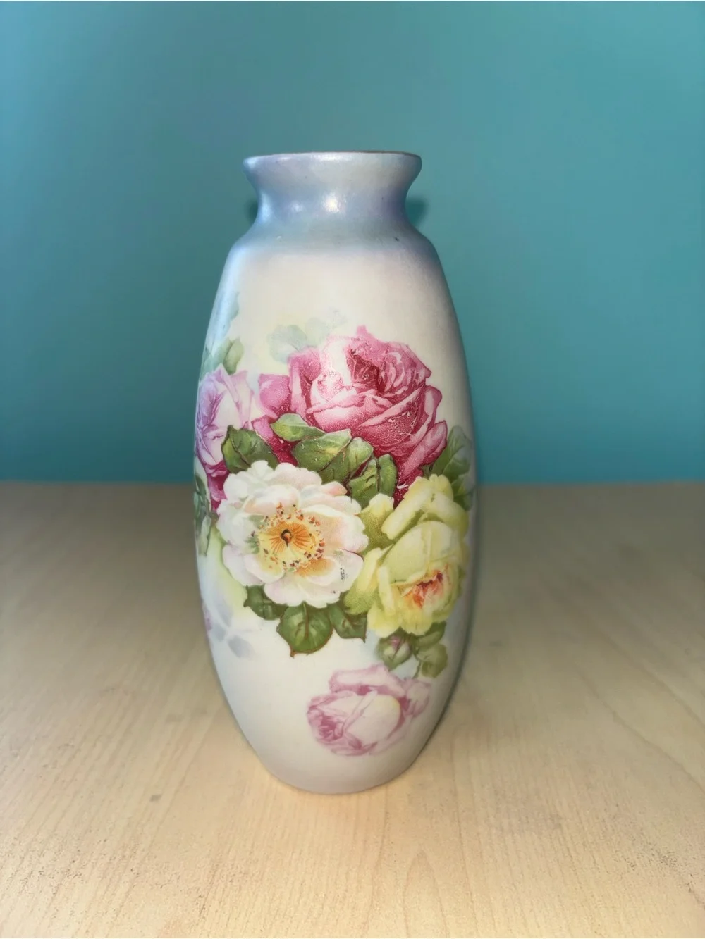 Floral Porcelain Vase in White with Pink and Green Rose Design